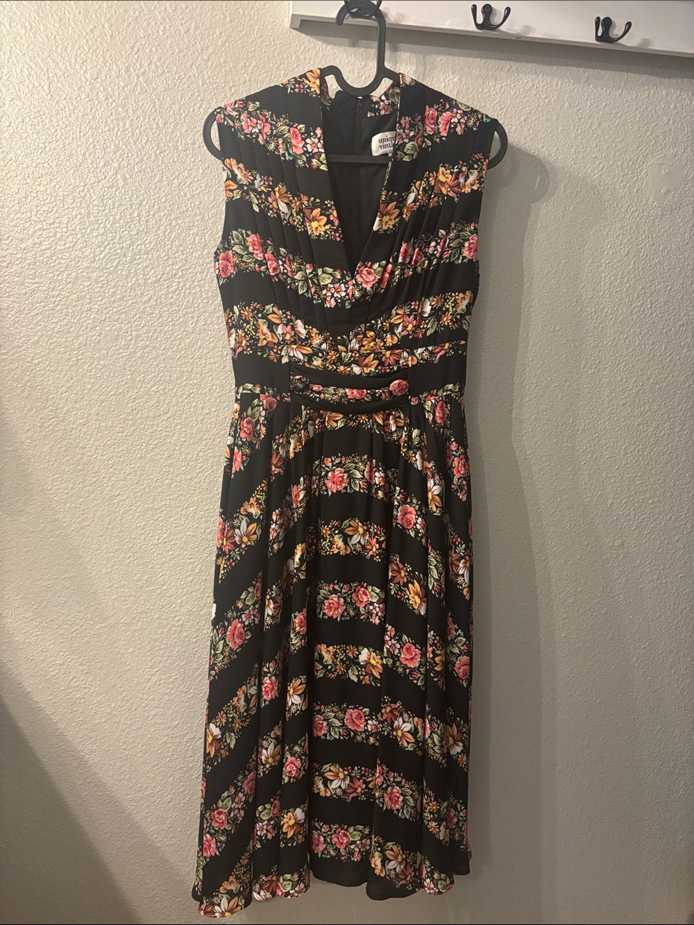 Unique Vintage Black Floral Midi Dress with Pink and Yellow Roses